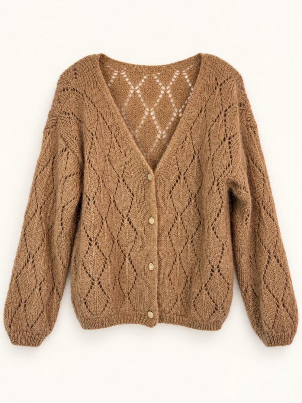 Made in Italy Mohair Cardigan Tan Brown Pointelle Open Knit Medium